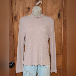 Splendid Pink Ribbed‎ Cutout Mock T-Neck Top